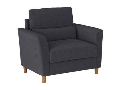 Modern armchair with dark gray fabric upholstery, sleek black metal legs, and plush cushioning. Perfect for contemporary living rooms or offices.