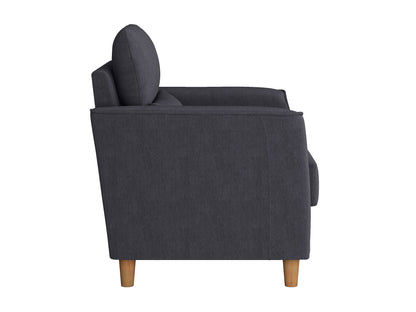 Modern grey armchair with plush cushions, wide seat, and sleek metal legs, upholstered in soft fabric, perfect for living room or lounge area.