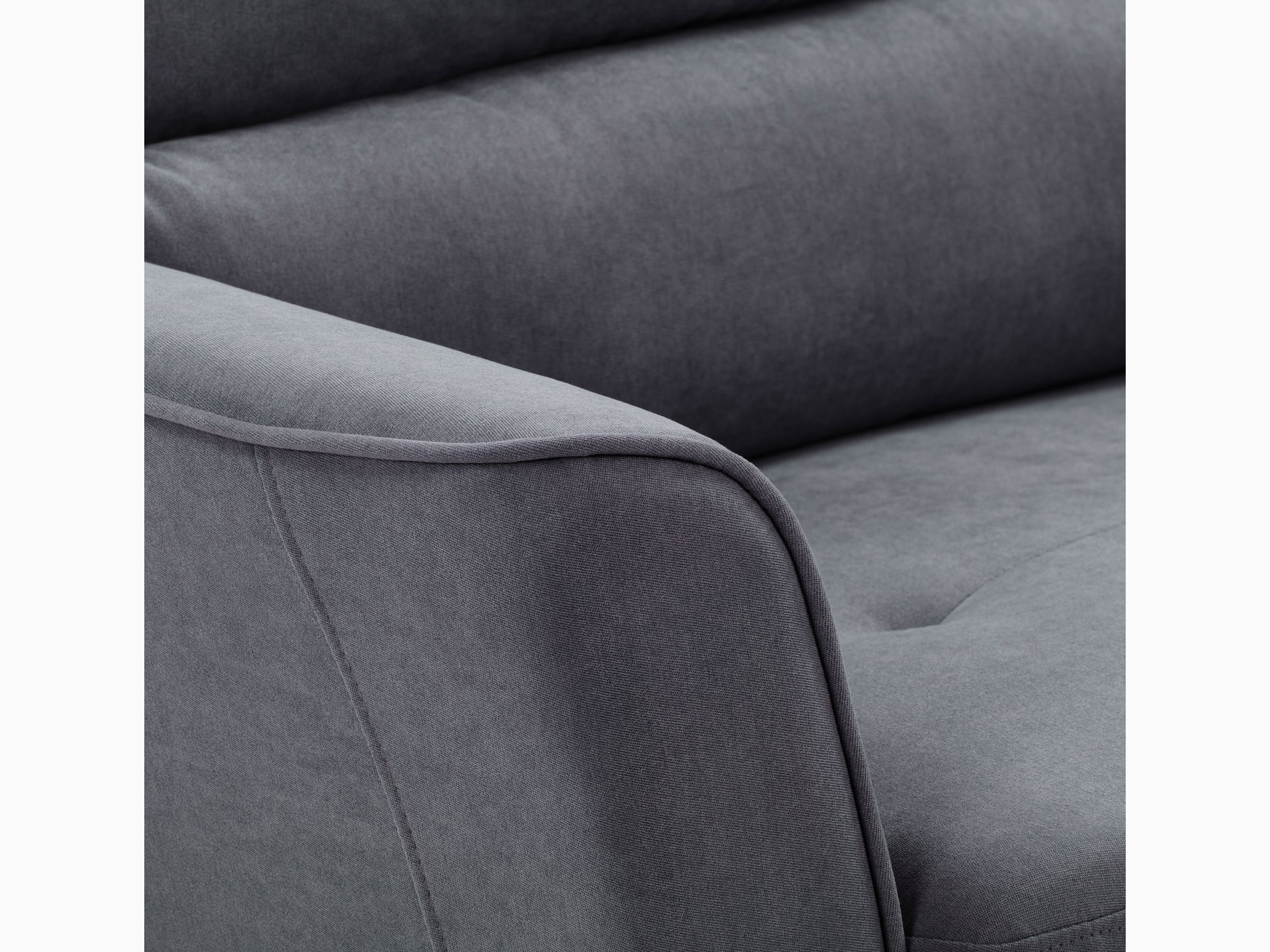 Gray upholstered loveseat with wooden legs, tufted backrest, and sleek armrests; perfect for modern living rooms.