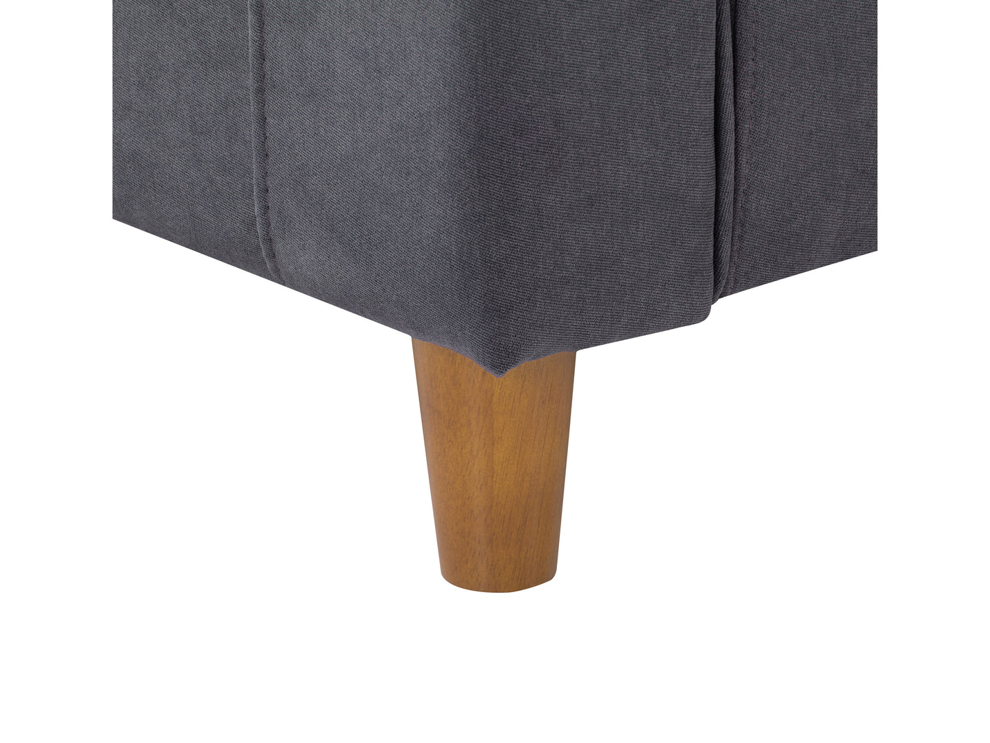 Modern gray fabric loveseat with tufted backrest, wooden legs, and sleek armrests. Ideal for contemporary living rooms, this stylish two-seater sofa combines comfort and minimalist design.