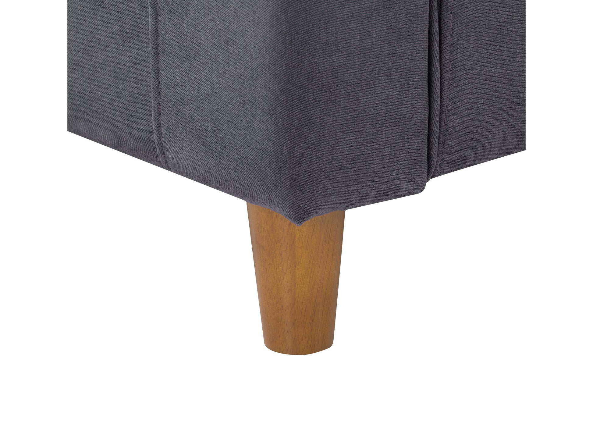 Modern gray fabric loveseat with tufted backrest, wooden legs, and sleek armrests. Ideal for contemporary living rooms, this stylish two-seater sofa combines comfort and minimalist design.