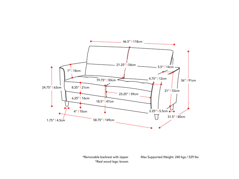 dark grey 2 Seater Sofa Loveseat Caroline collection measurements diagram by CorLiving