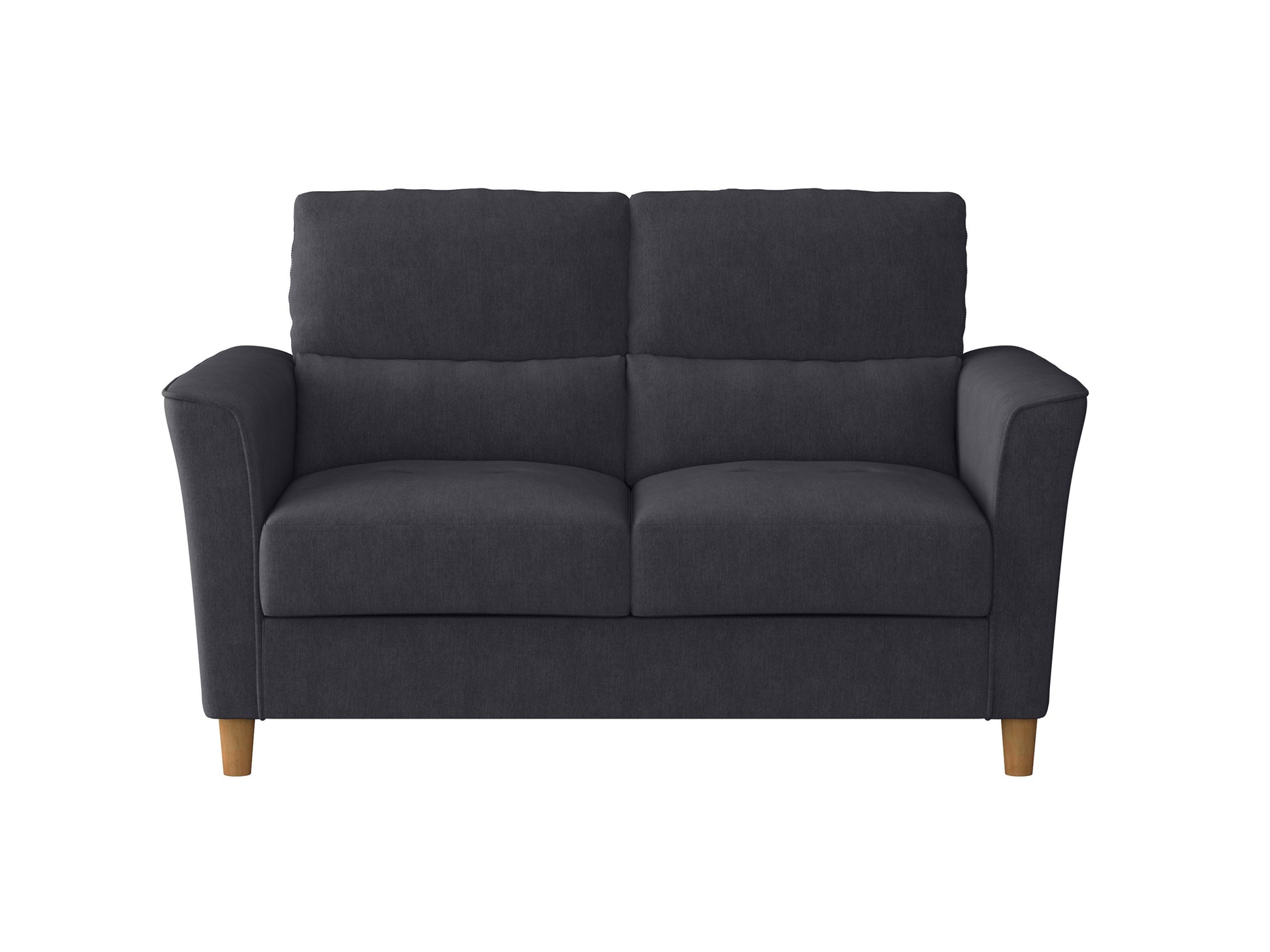 Modern dark gray loveseat with tufted backrest, wooden legs, and plush cushions. Perfect for contemporary living rooms or small spaces.