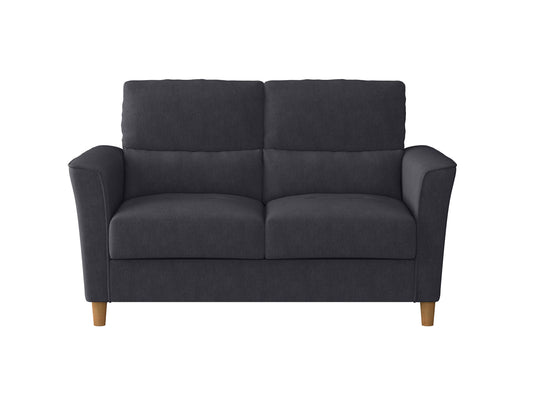 Modern dark gray loveseat with tufted backrest, wooden legs, and plush cushions. Perfect for contemporary living rooms or small spaces.
