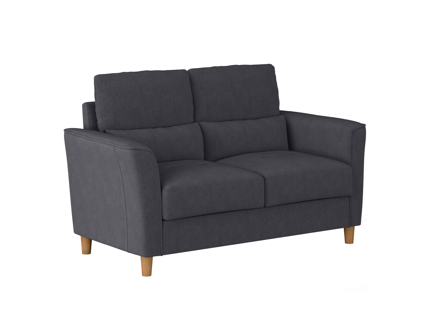 Gray fabric loveseat with tufted backrest, wooden legs, and two matching cushions. Ideal for modern living rooms, it offers a cozy seating solution with a minimalist design.