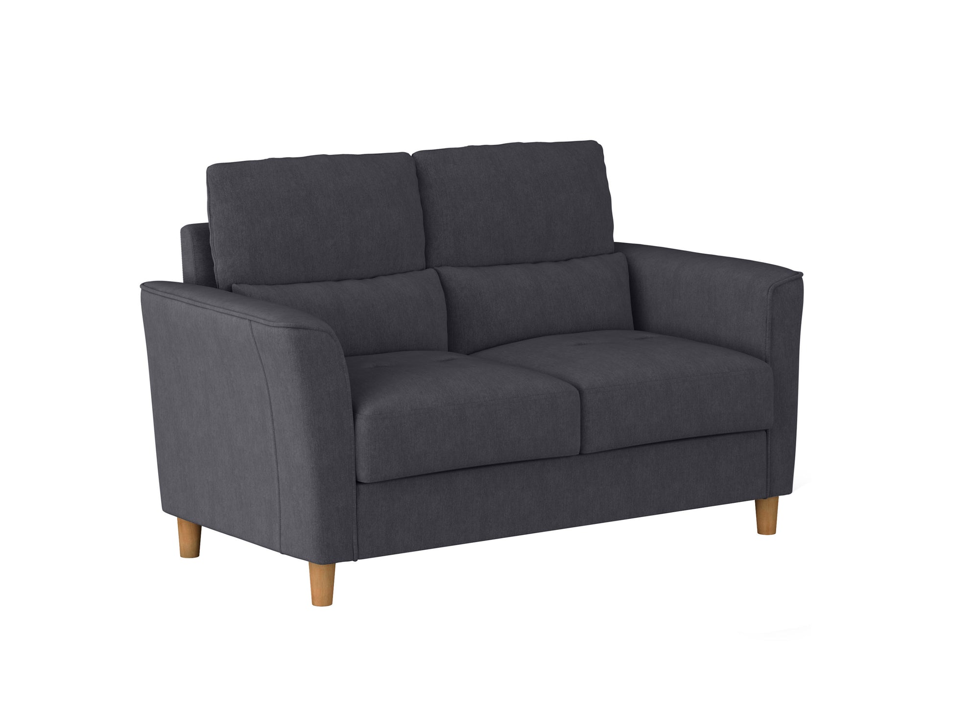 Gray fabric loveseat with tufted backrest, wooden legs, and two matching cushions. Ideal for modern living rooms, it offers a cozy seating solution with a minimalist design.