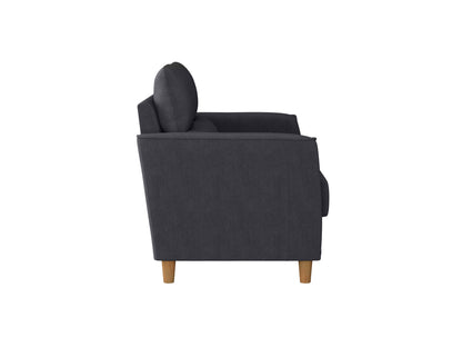 Gray 2-seater loveseat with tufted backrest, wooden legs, and plush cushions, ideal for small living spaces or cozy home decor.