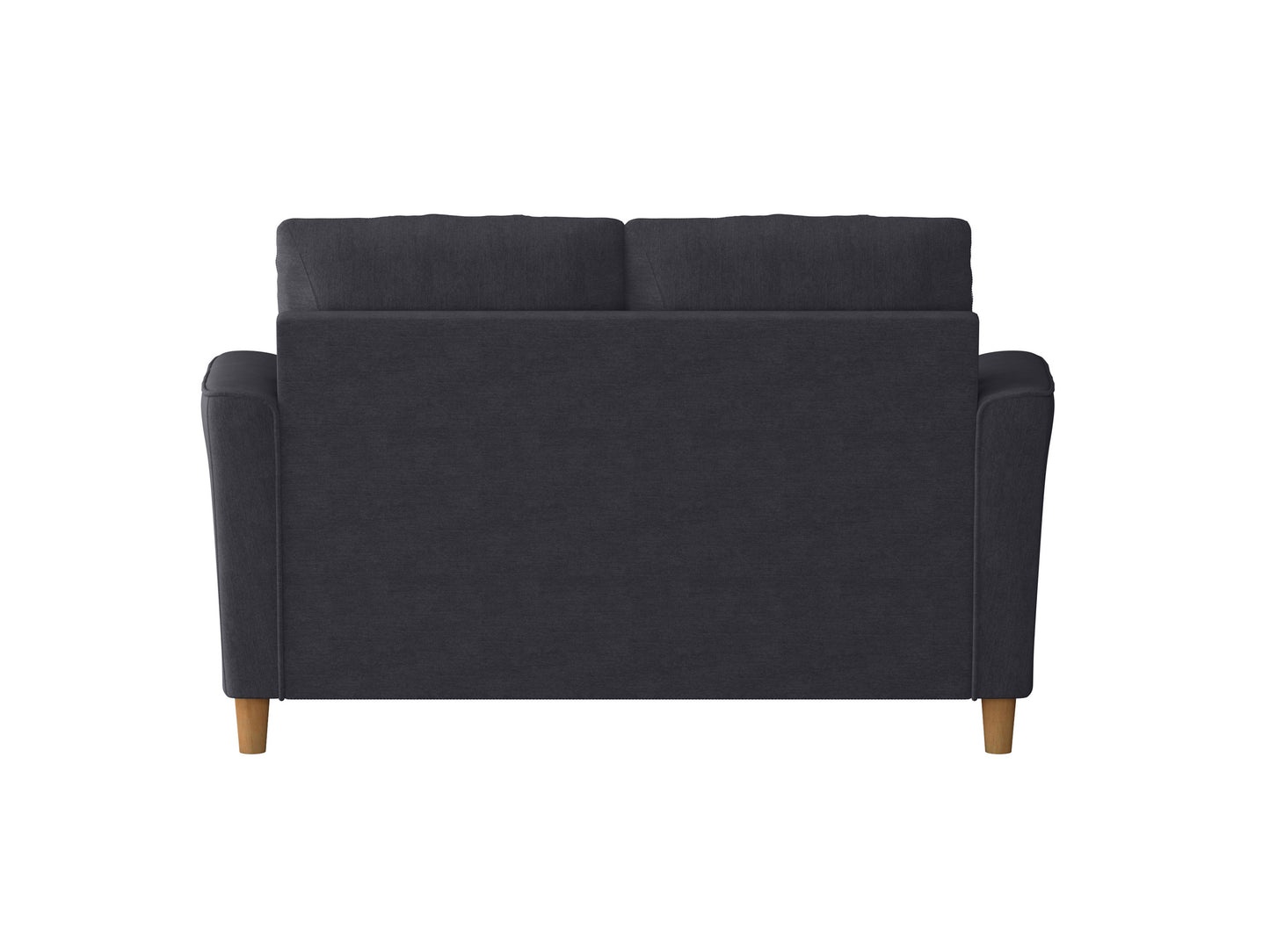 Modern 2 seater loveseat in dark gray fabric with sleek wooden legs, tufted backrest, and plush cushions, perfect for contemporary living rooms or small spaces.