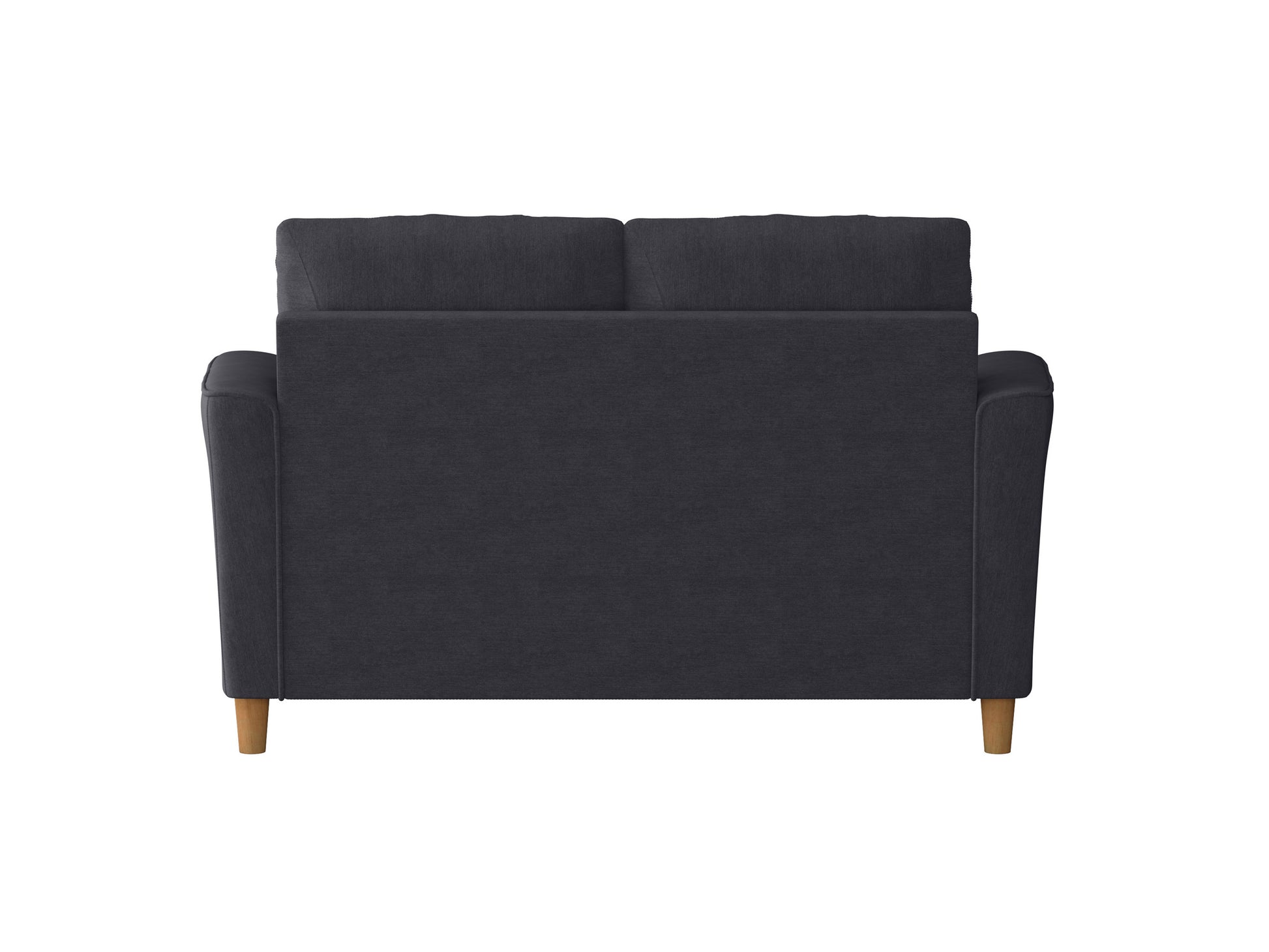 Modern 2 seater loveseat in dark gray fabric with sleek wooden legs, tufted backrest, and plush cushions, perfect for contemporary living rooms or small spaces.