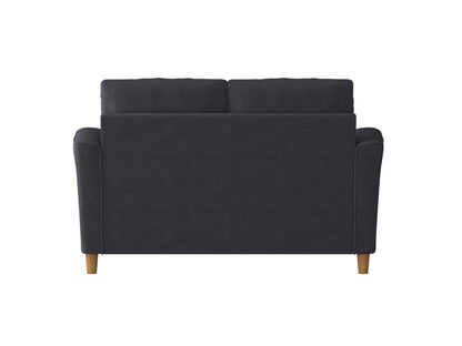 Modern 2 seater loveseat in dark gray fabric with sleek wooden legs, tufted backrest, and plush cushions, perfect for contemporary living rooms or small spaces.