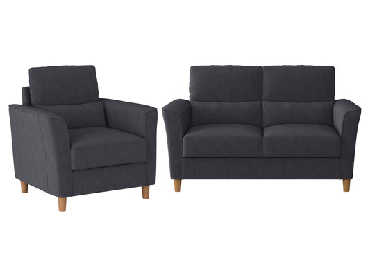 Modern 2 seater loveseat and chair set with plush grey fabric upholstery, wooden legs, and tufted cushions, perfect for living room or office seating.