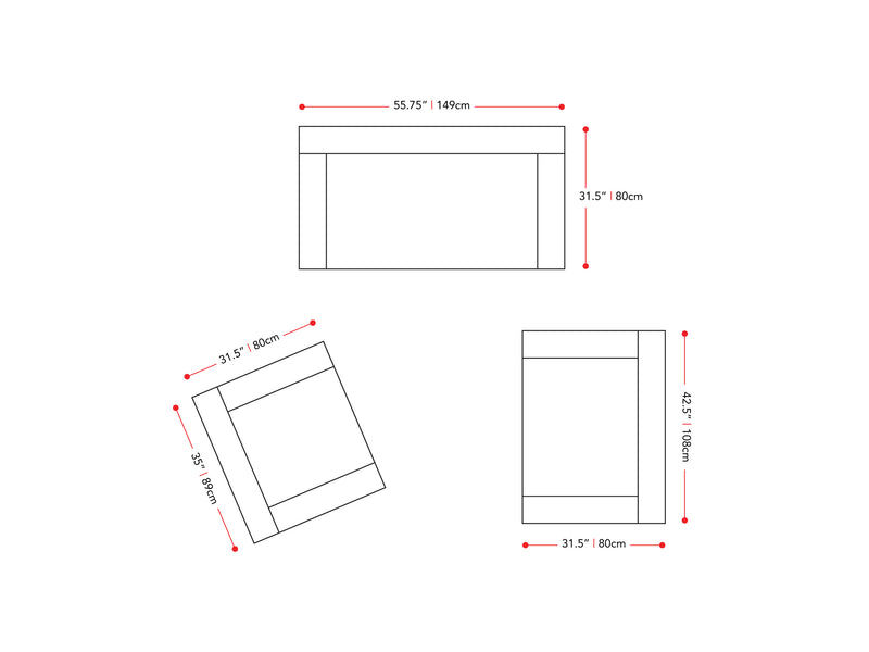 dark grey 3 Piece Living Room Set Caroline collection measurements diagram by CorLiving