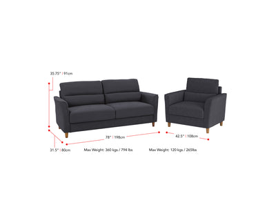 dark grey 3 Seat Sofa and Chair Set, 2 piece Caroline collection measurements diagram by CorLiving#color_dark-grey