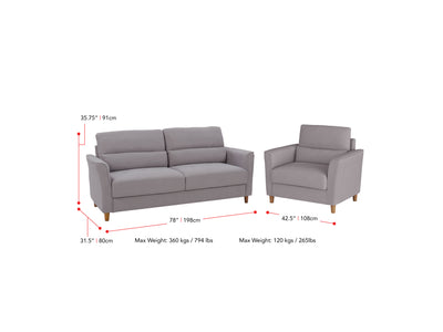 light grey 3 Seat Sofa and Chair Set, 2 piece Caroline collection measurements diagram by CorLiving#color_light-grey