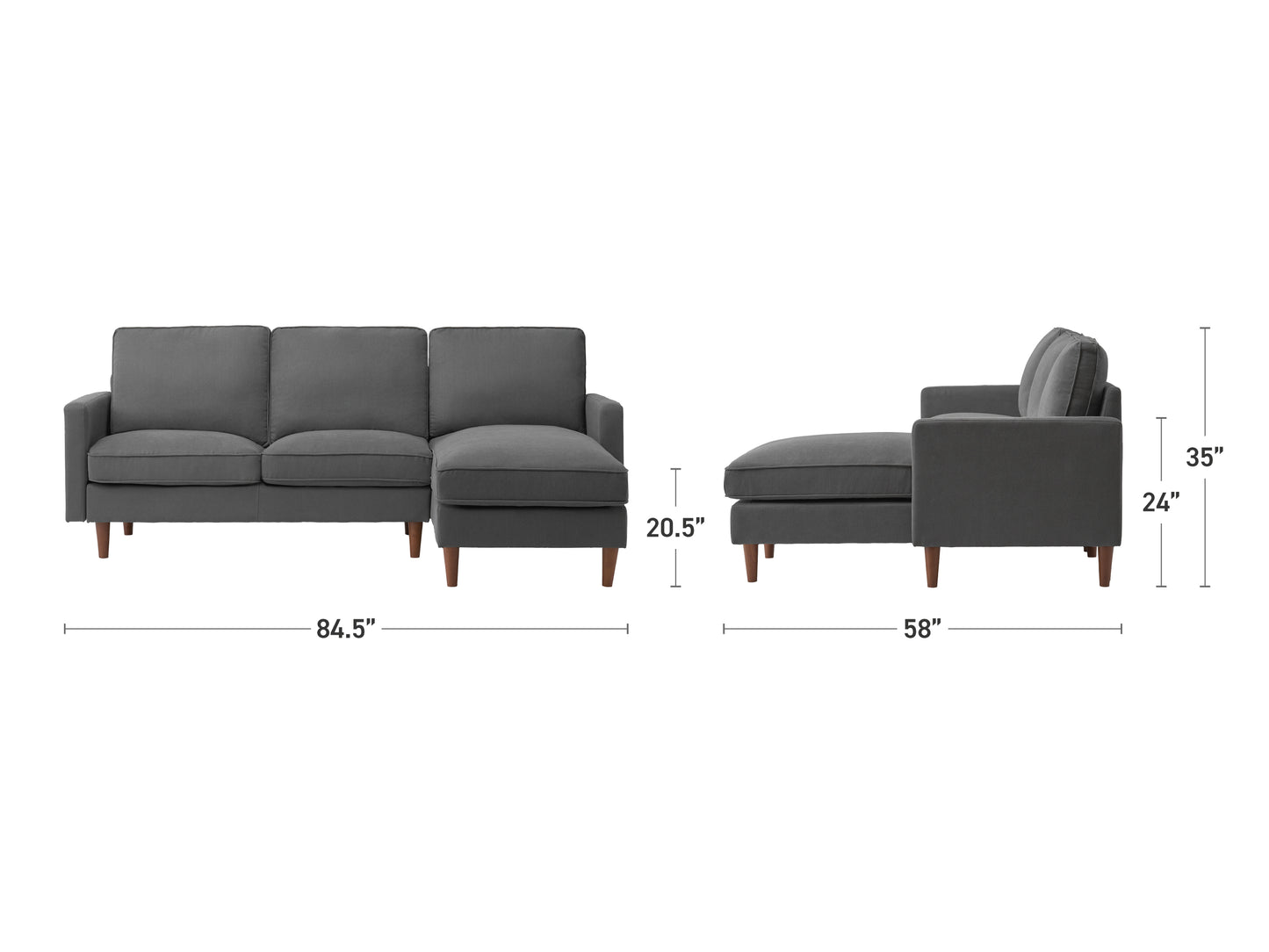 Reversible sectional sofa in dark gray fabric with tufted cushions, L-shaped design, and wooden legs, perfect for modern living rooms and versatile seating arrangements.