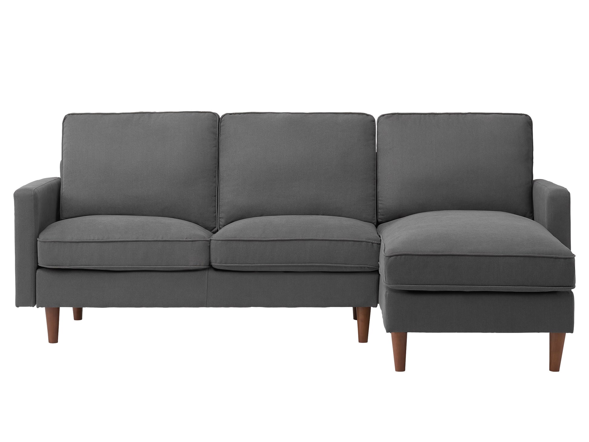 Gray reversible sectional sofa with chaise, featuring tufted cushions, sleek modern design, and sturdy wooden legs. Ideal for contemporary living rooms and offering versatile seating options.