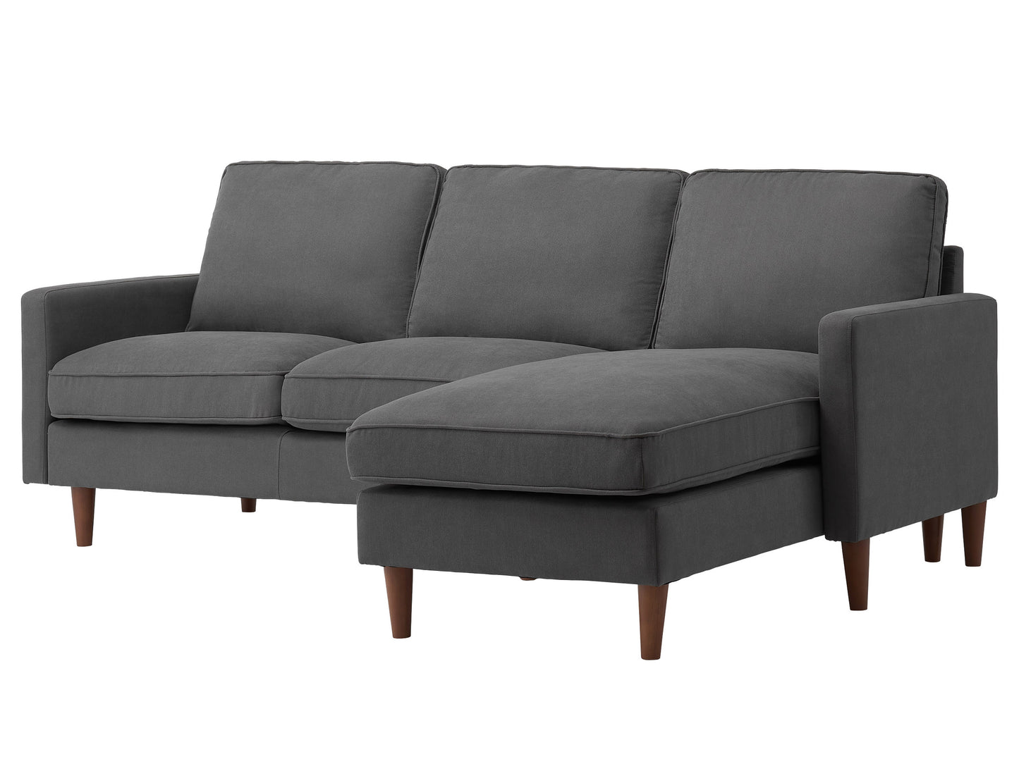 Gray L-shaped sectional sofa with tufted cushions, dark wooden legs, and a sleek, modern design. Ideal for spacious living rooms, offering comfort and style with its soft fabric and contemporary look.
