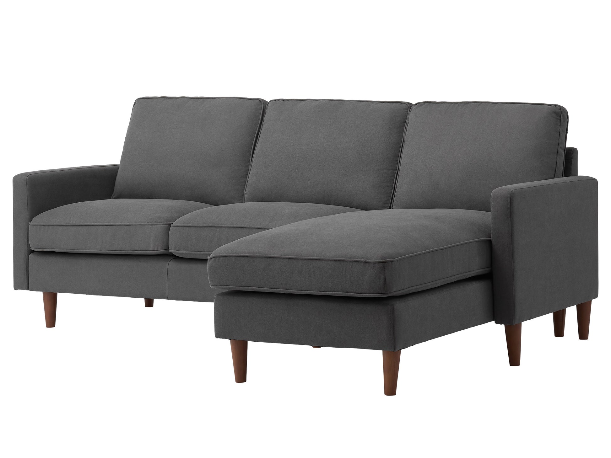 Gray L-shaped sectional sofa with tufted cushions, dark wooden legs, and a sleek, modern design. Ideal for spacious living rooms, offering comfort and style with its soft fabric and contemporary look.