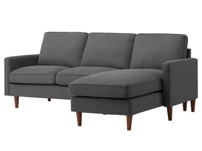 Gray L-shaped sectional sofa with tufted cushions, dark wooden legs, and a sleek, modern design. Ideal for spacious living rooms, offering comfort and style with its soft fabric and contemporary look.