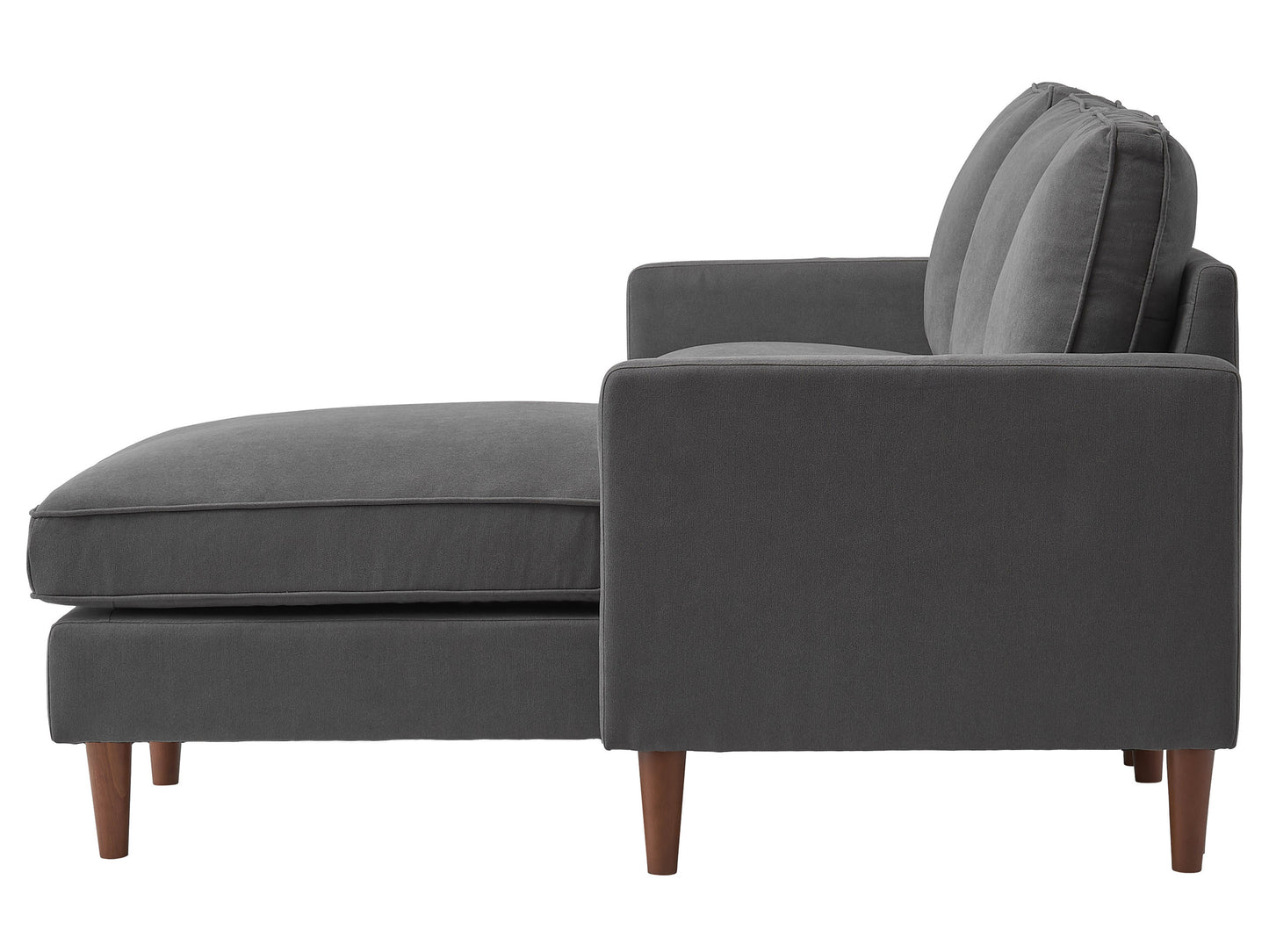 Reversible sectional sofa in light gray fabric with tufted cushions, chaise lounge, and wooden legs, perfect for modern living rooms, providing comfort and style with its versatile design and spacious seating.