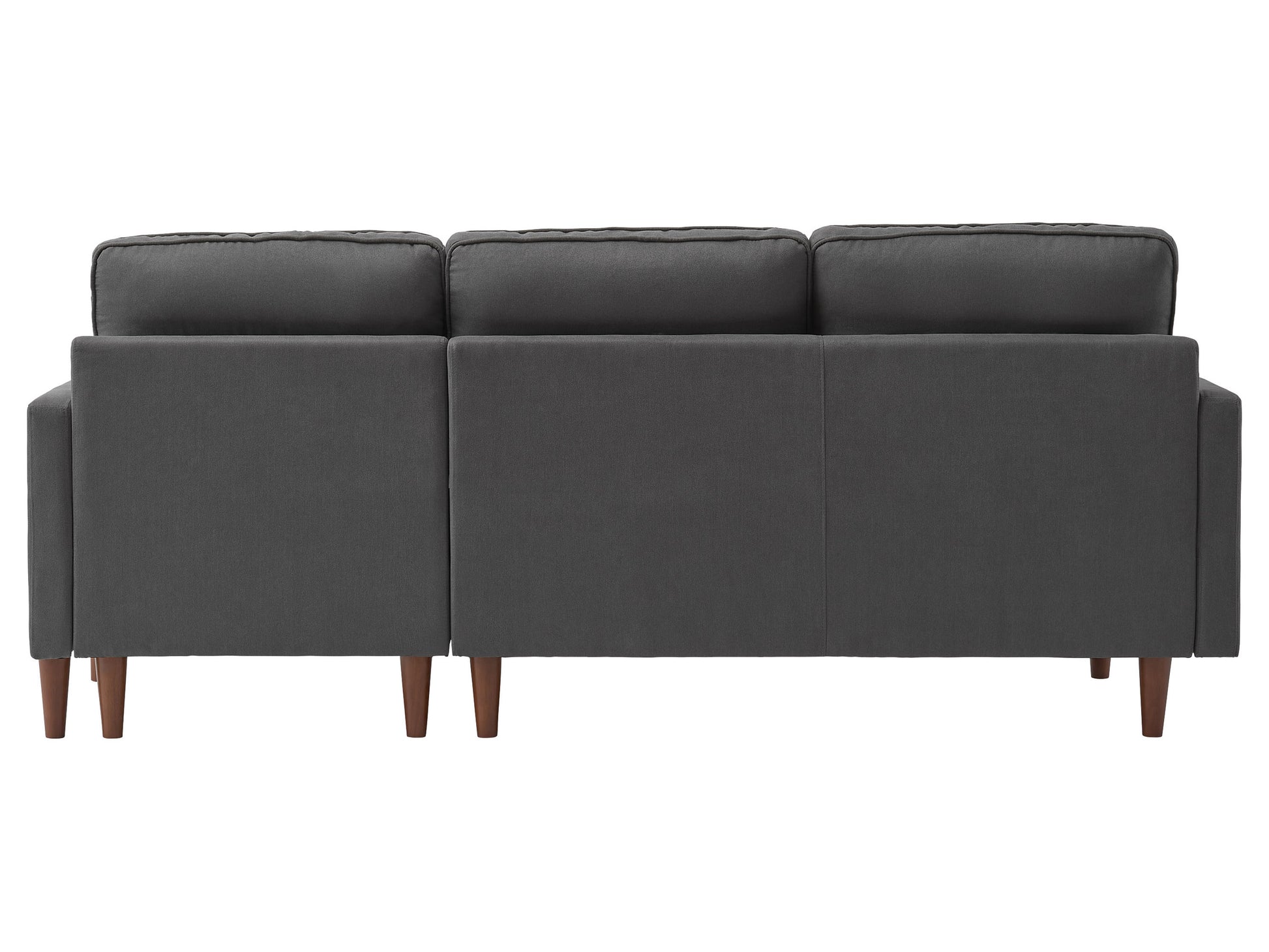 Modern gray sectional sofa with plush cushions, sleek design, and wooden legs. Features a chaise lounge on the left side and soft fabric upholstery, perfect for contemporary living rooms.