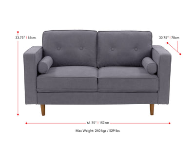 grey 2 Seater Loveseat Sofa Mulberry collection measurements diagram by CorLiving#color_grey