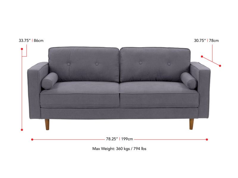 grey 3 Seater Sofa Mulberry collection measurements diagram by CorLiving