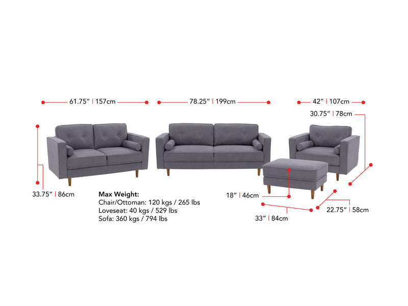 grey Living Room Sofa Set, 4 piece Mulberry collection measurements diagram by CorLiving