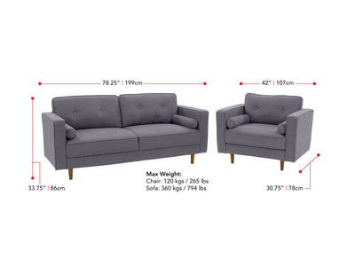 grey Sofa and Chair Set, 2 piece Mulberry collection measurements diagram by CorLiving#color_grey