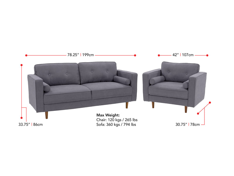 grey Sofa and Chair Set, 2 piece Mulberry collection measurements diagram by CorLiving