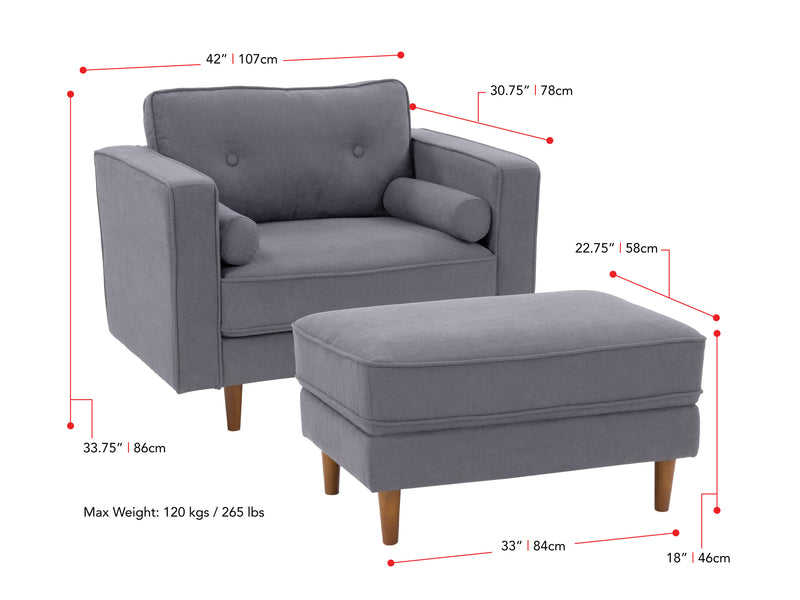 grey Accent Chair with Ottoman Mulberry collection measurements diagram by CorLiving