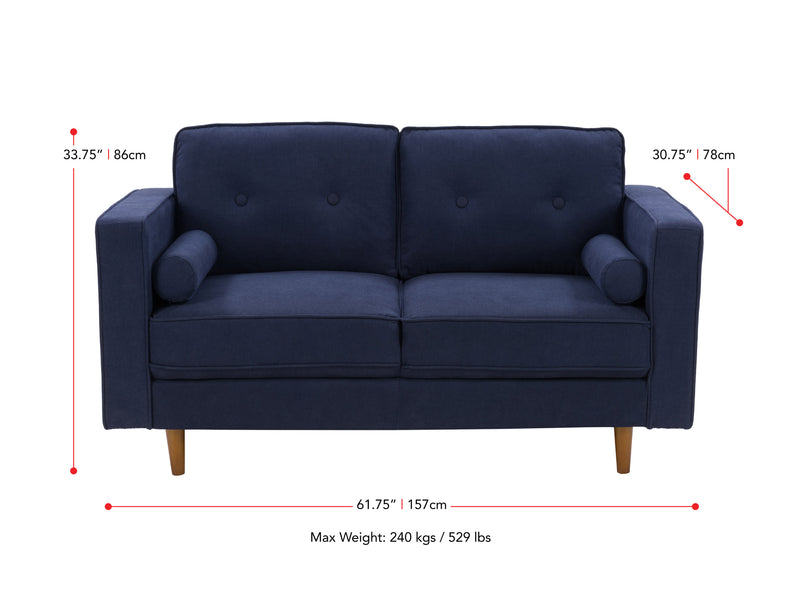 navy blue 2 Seater Loveseat Sofa Mulberry collection measurements diagram by CorLiving