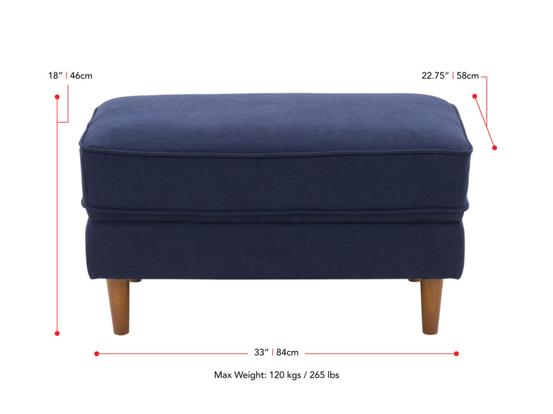 navy blue Mid-Century Modern Ottoman Mulberry Collection measurements diagram by CorLiving