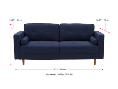 navy blue 3 Seater Sofa Mulberry collection measurements diagram by CorLiving#color_navy-blue