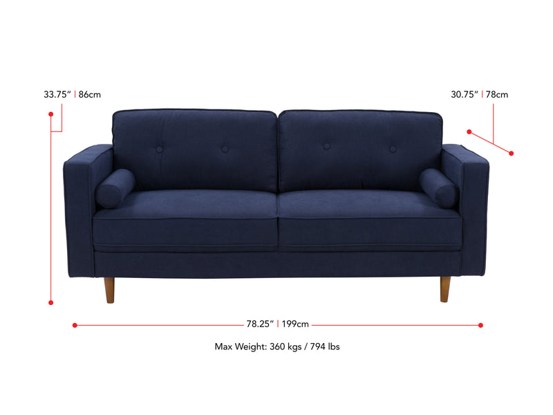 navy blue 3 Seater Sofa Mulberry collection measurements diagram by CorLiving