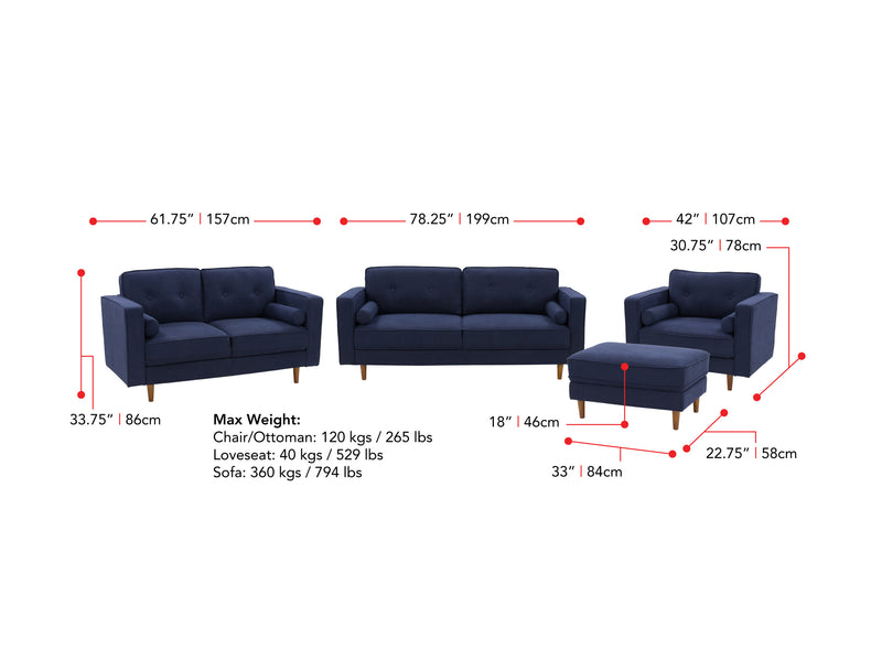 navy blue Living Room Sofa Set, 4 piece Mulberry collection measurements diagram by CorLiving