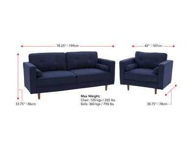 navy blue Sofa and Chair Set, 2 piece Mulberry collection measurements diagram by CorLiving#color_navy-blue