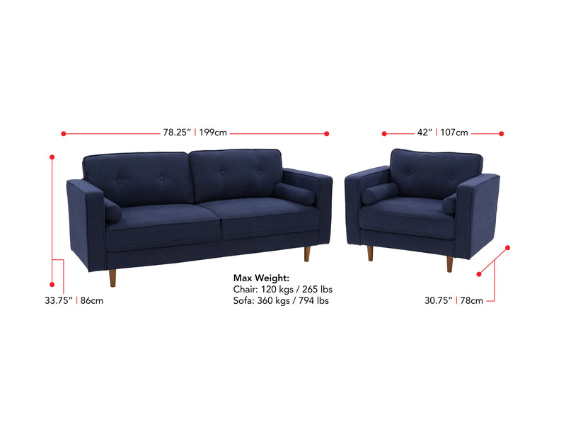 navy blue Sofa and Chair Set, 2 piece Mulberry collection measurements diagram by CorLiving