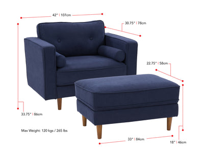 navy blue Accent Chair with Ottoman Mulberry collection measurements diagram by CorLiving#color_mulberry-navy-blue