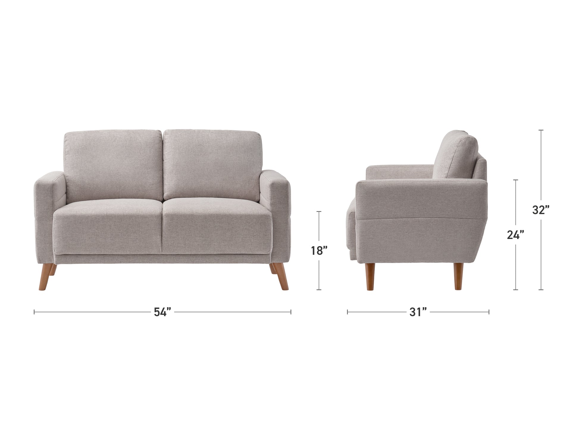 Gray tufted loveseat with wooden legs, featuring plush cushions and a modern design, perfect for contemporary living rooms and small spaces.