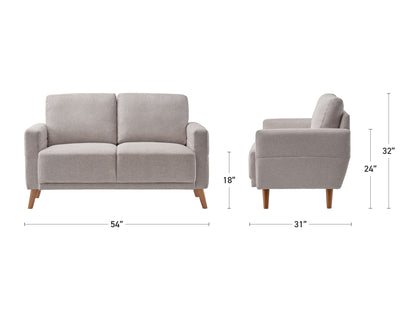 Gray tufted loveseat with wooden legs, featuring plush cushions and a modern design, perfect for contemporary living rooms and small spaces.