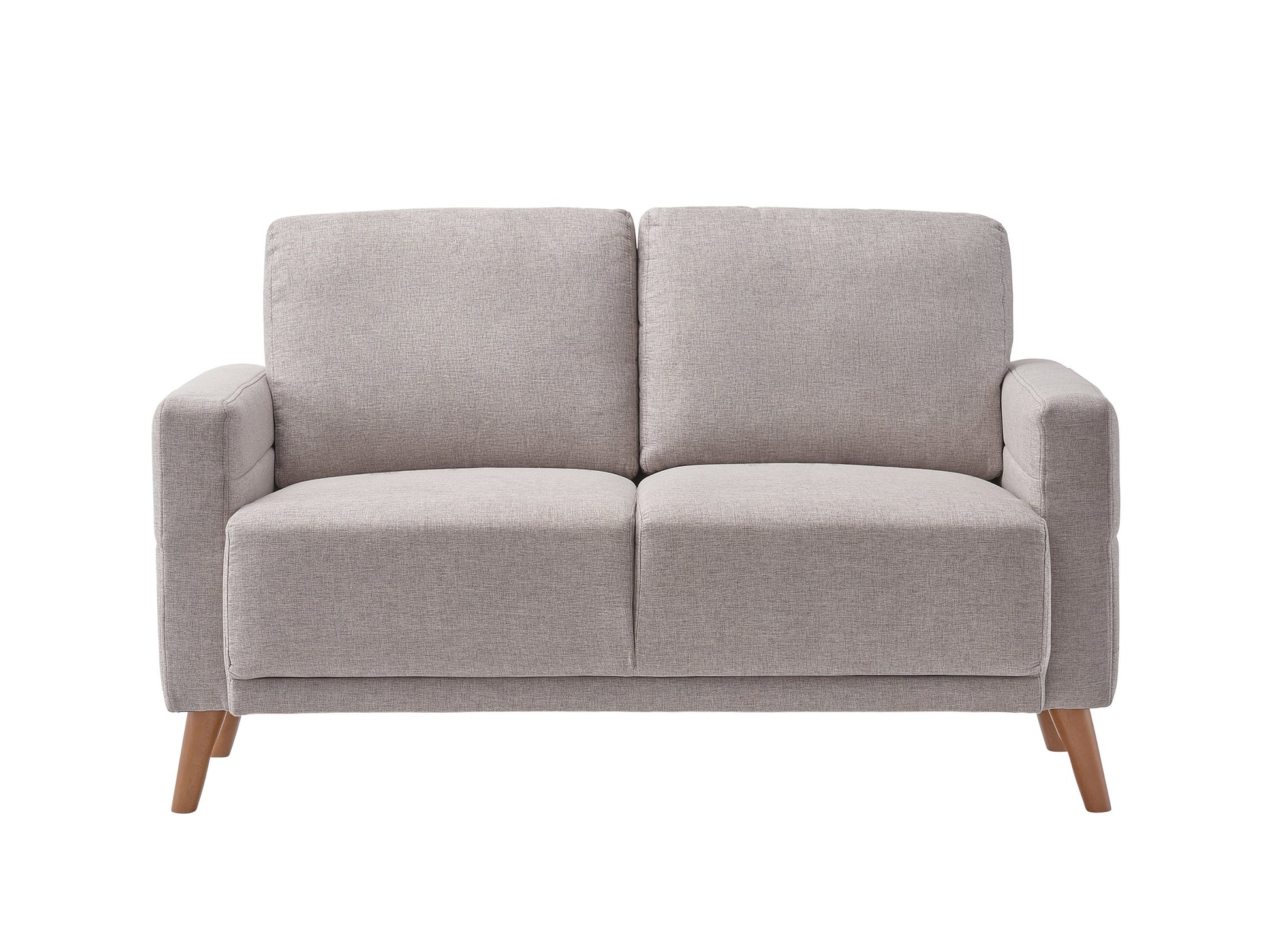 Modern gray upholstered loveseat with tufted backrest, wooden legs, and plush cushions, perfect for contemporary living rooms or apartments.
