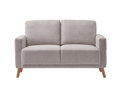Modern gray upholstered loveseat with tufted backrest, wooden legs, and plush cushions, perfect for contemporary living rooms or apartments.