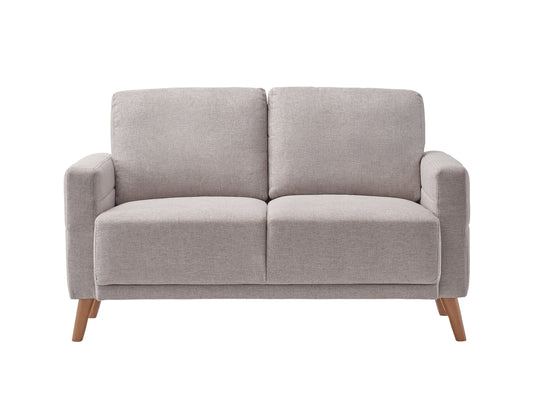 Modern gray upholstered loveseat with tufted backrest, wooden legs, and plush cushions, perfect for contemporary living rooms or apartments.