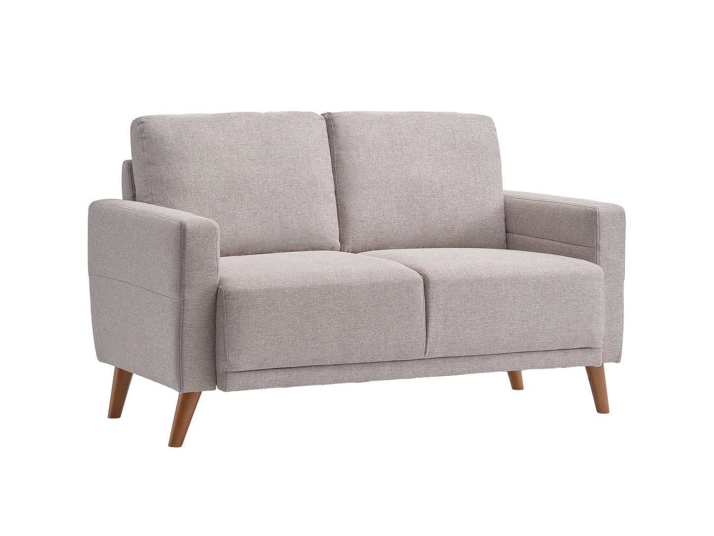 Modern gray 2-seat loveseat with tufted backrest, wooden legs, and plush cushions. Ideal for contemporary living rooms, made from durable fabric for comfort and style.