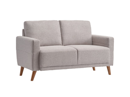 Modern gray 2-seat loveseat with tufted backrest, wooden legs, and plush cushions. Ideal for contemporary living rooms, made from durable fabric for comfort and style.