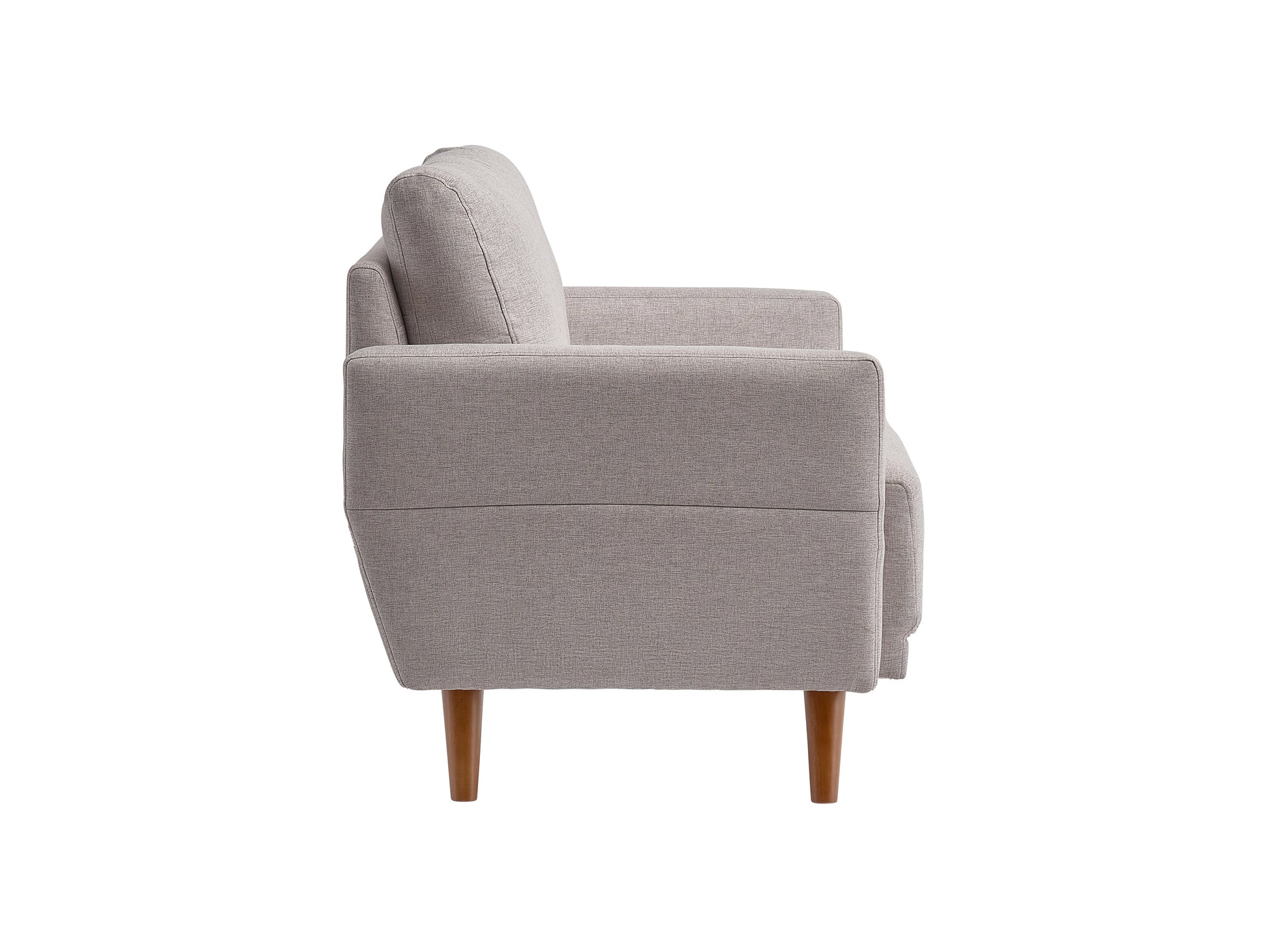 Gray two-seat loveseat with tufted backrest, wooden legs, and modern design. Upholstered in soft fabric, perfect for small living rooms or apartments. Ideal for contemporary home décor.