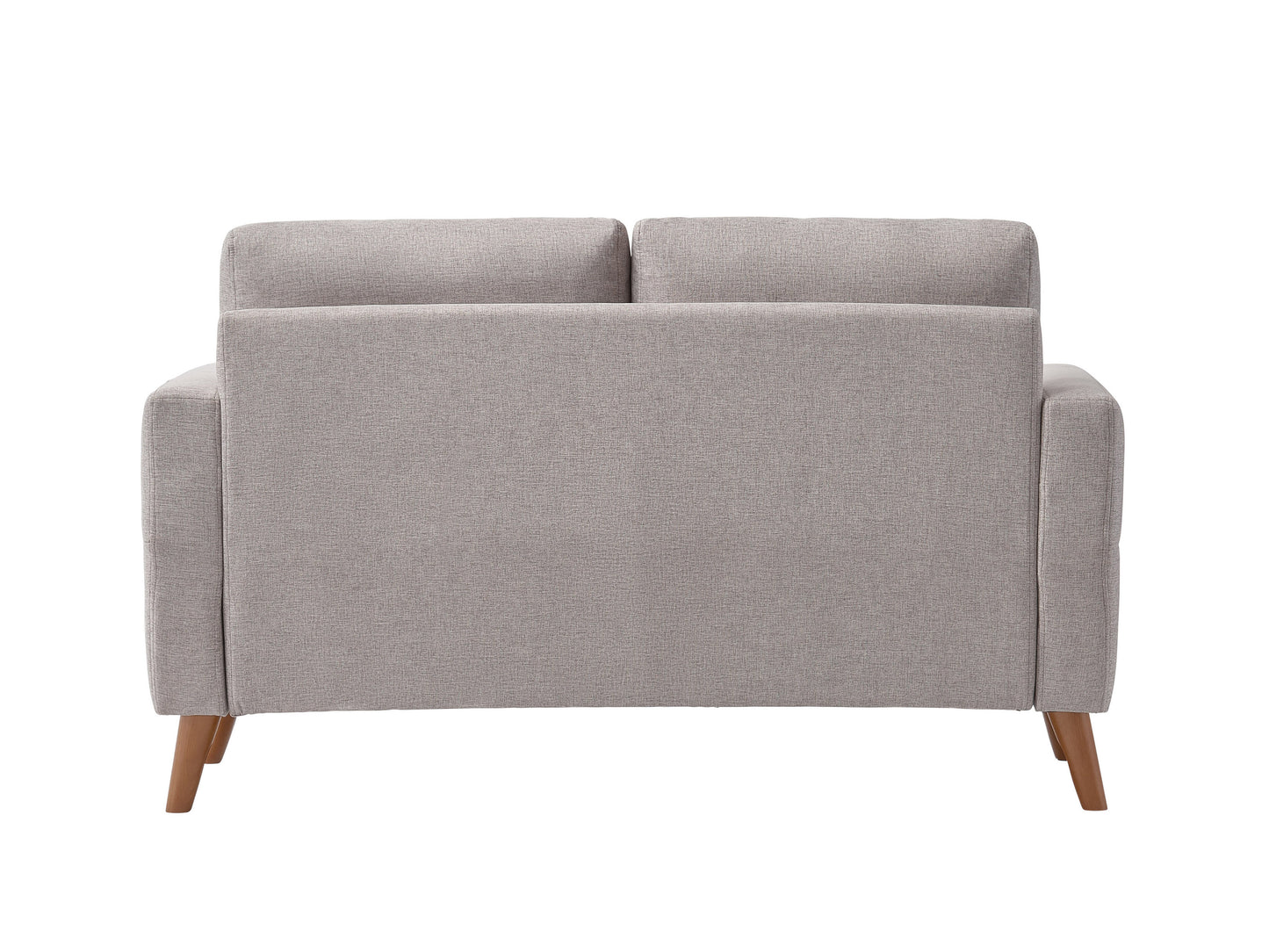 Modern gray 2-seat loveseat with tufted back, wooden legs, and soft fabric upholstery, perfect for small living rooms or apartments.