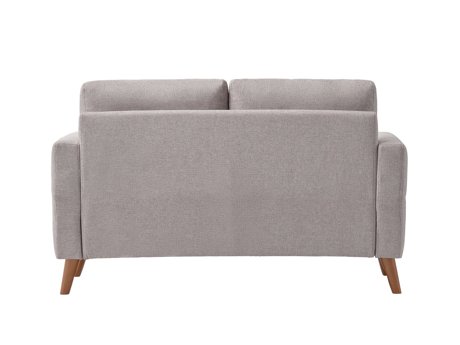 Modern gray 2-seat loveseat with tufted back, wooden legs, and soft fabric upholstery, perfect for small living rooms or apartments.