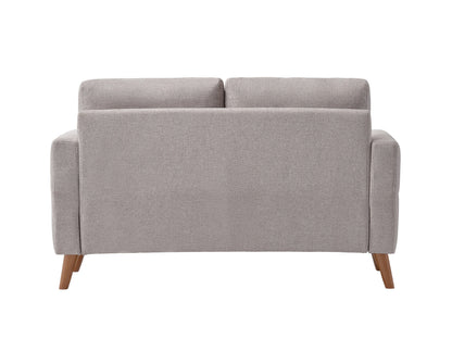 Modern gray 2-seat loveseat with tufted back, wooden legs, and soft fabric upholstery, perfect for small living rooms or apartments.